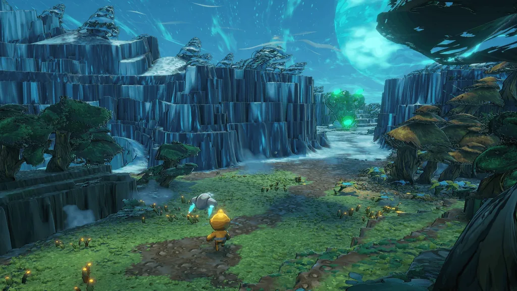 A small explorer in an orange suit stands on a grassy path at the foot of towering blue basalt cliffs, waterfalls and glowing mushroom trees, with a green crystal gate ahead and a huge teal planet filling the sky.