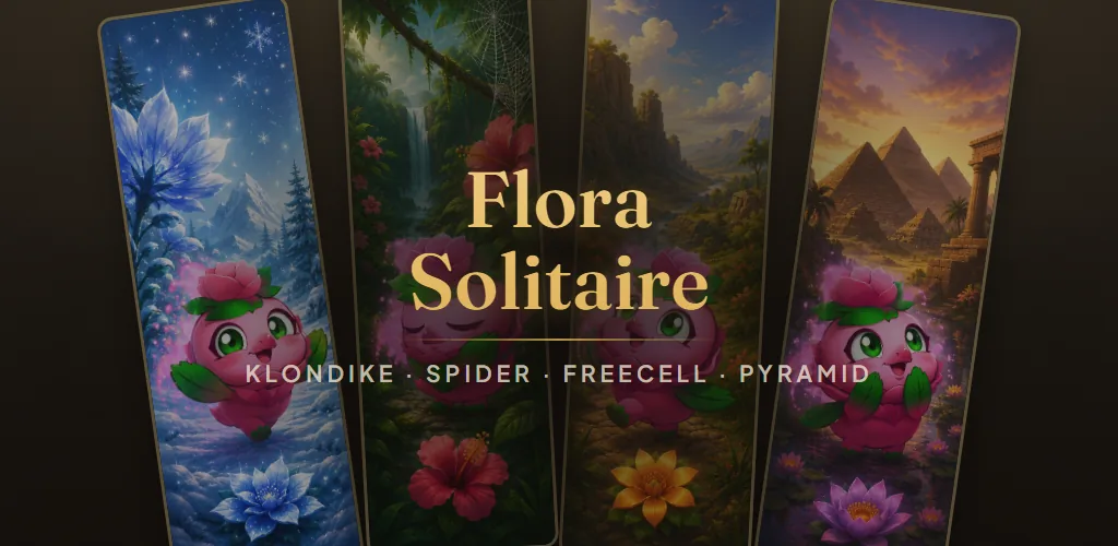 Four tall card backs fanned side by side, each painted with a different scene — a snowy blue flower, a jungle waterfall, a green canyon and pyramids at sunset — with a smiling rose-blossom character on every card.